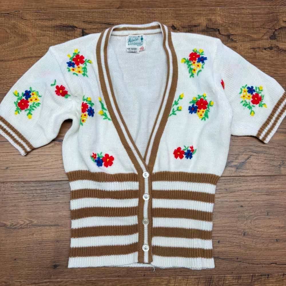 Vintage 70s Helen Sue Women Medium Twee Cottagecore‎ Cardigan Striped Floral